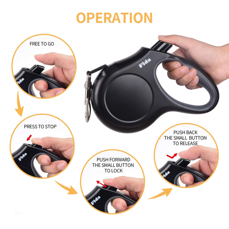 Fida Retractable Dog Leash, 5m Heavy Duty Pet Walking Leash for Small/Medium Dog up to 20kg, Tangle Free. One-Hand Brake (Medium, Black) Medium - PawsPlanet Australia