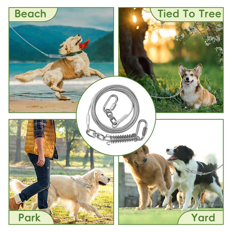 Miao Chuai Dog Tie Out Cable,10/15/20/30/40/50FT Dog Cable with Swivel Hook and Shock Spring,Heavy Duty Dog Leads for Yard Outdoor and Camping,Dog Lead Runner for Large Dogs (Silver, 15ft 120Ibs) Silver - PawsPlanet Australia