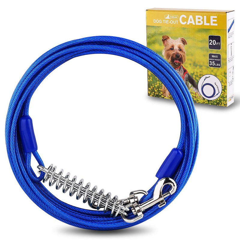 Petbobi 20 ft/ 30 ft Tie Out Cable for Dog with Durable Spring and Metal Swivel Hooks for Outdoor, Yard and Camping, Rust- Proof Training Tether for Small to Medium Dogs Up to 35/ 120 Pounds, Blue 20ft / 35lbs - PawsPlanet Australia