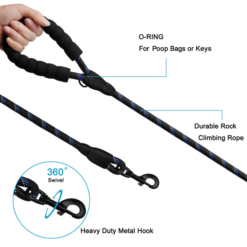 Anbeer 6 FT Dog Leash Traffic Padded Two Handles, Reflective Threads for Control Safety Training for Medium to Large Dogs-Black/Blue Black/Blue - PawsPlanet Australia