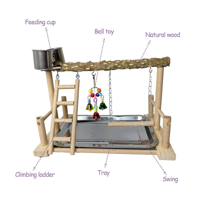 kathson Parrots Playground Bird Perch Wood Playstand Stand with Ladder Swing Feeder Cups Chew Toy for Parakeet Conure Cockatiel Budgie Lovebird Finch Small Birds prickly ash wood - PawsPlanet Australia