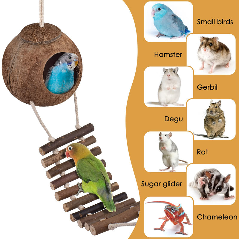KATUMO Hamster Toys, Natural Coconut Hamster Hideout with Ladder, Hamster Suspension Bridge Climbing Ladder, Natural Wooden Chew Toys for Dwarf Syrian Hamster Mice Gerbils Small Rodent Animals - PawsPlanet Australia
