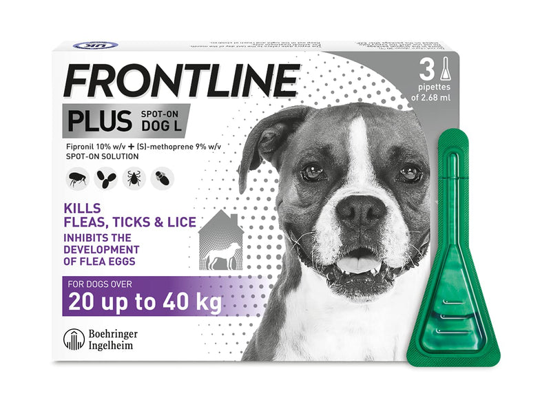 FRONTLINE Plus Flea & Tick Treatment for Extra Large Dogs (over 40 kg) - 3 Pipettes & Plus Flea & Tick Treatment for Large Dogs (20-40 kg) - 3 Pipettes - PawsPlanet Australia