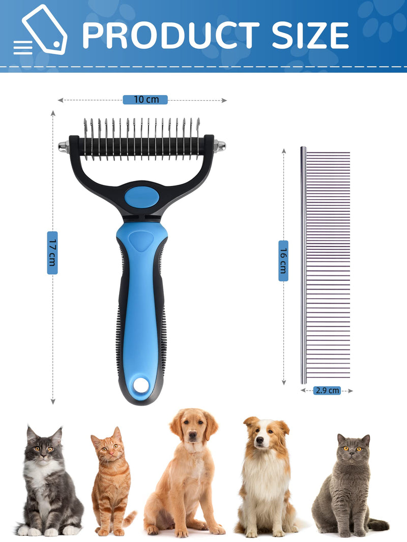 SUNNEKO Dog Brush for Massaging Skin and Grooming Medium to Long Hair, Double Sided Slicker Pet Brush for Shedding Dematting, Remove Floating Hair, with a Stainless Steel Comb, Blue Blue01-open knot (double-sided) - PawsPlanet Australia