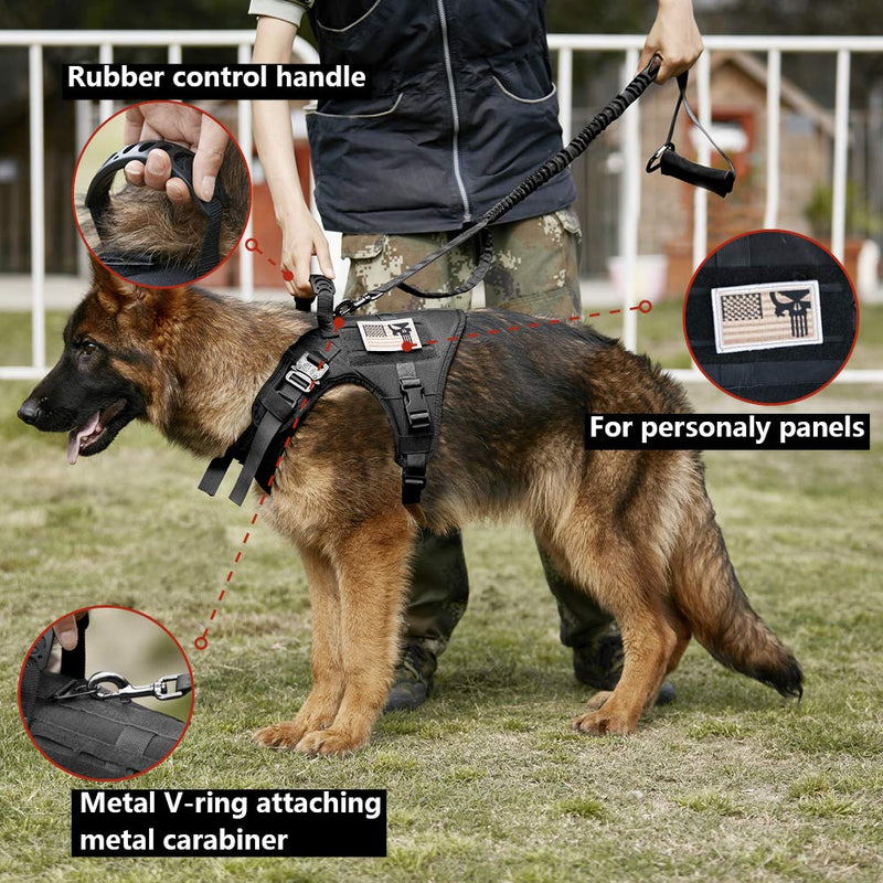 [Australia] - VIVOI Tactical Dog Harness and Bungee Dog Leash Set, Adjustable K9 Military Dog Vest with Rubber Control Handle and Adjustable Dog Leash for Training Large Black 