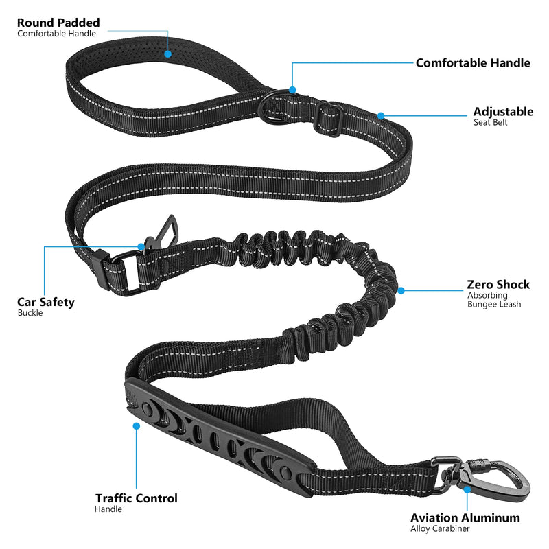 4.26FT to 5.57FT Strong Dog Leash, LENAUQ Anti Pull Shock Absorbing Bungee Dog Lead with 2 Padded Handle Car Seat Belt Buckle Reflective Strips, Adjustable Dog Leash Black - PawsPlanet Australia