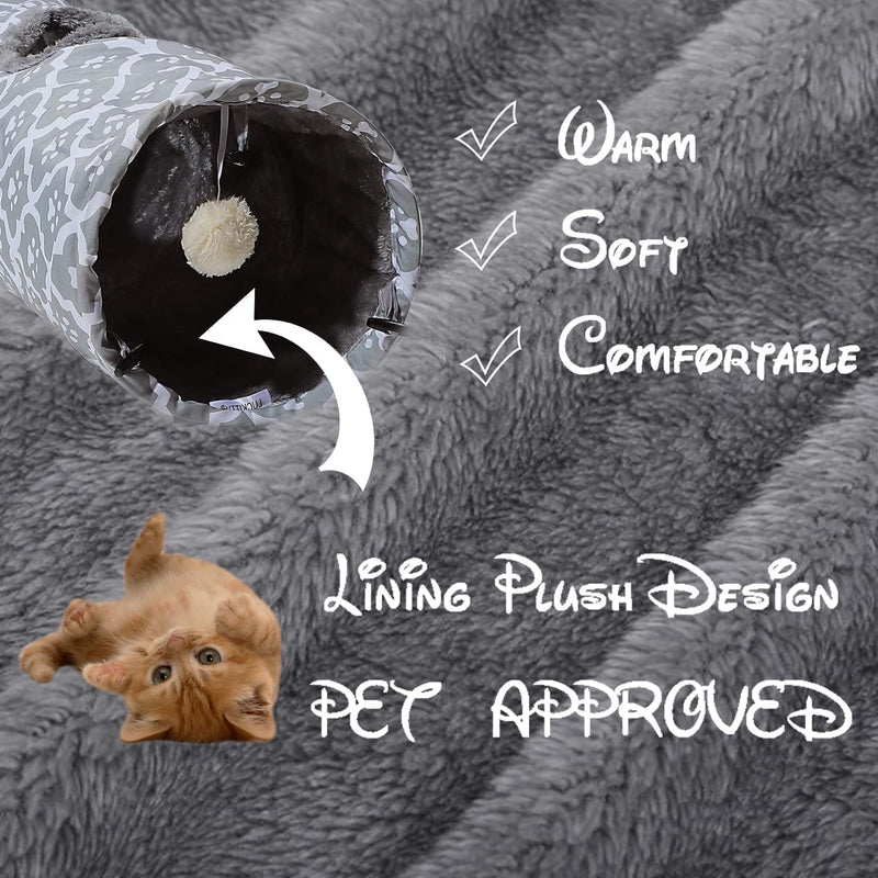 LUCKITTY Geometric Cat Tunnel with Plush Inside,Cats Toys Collapsible Tunnel Tube with Balls, for Rabbits, Kittens, Ferrets,Puppy and Dogs Grey-Paw - PawsPlanet Australia