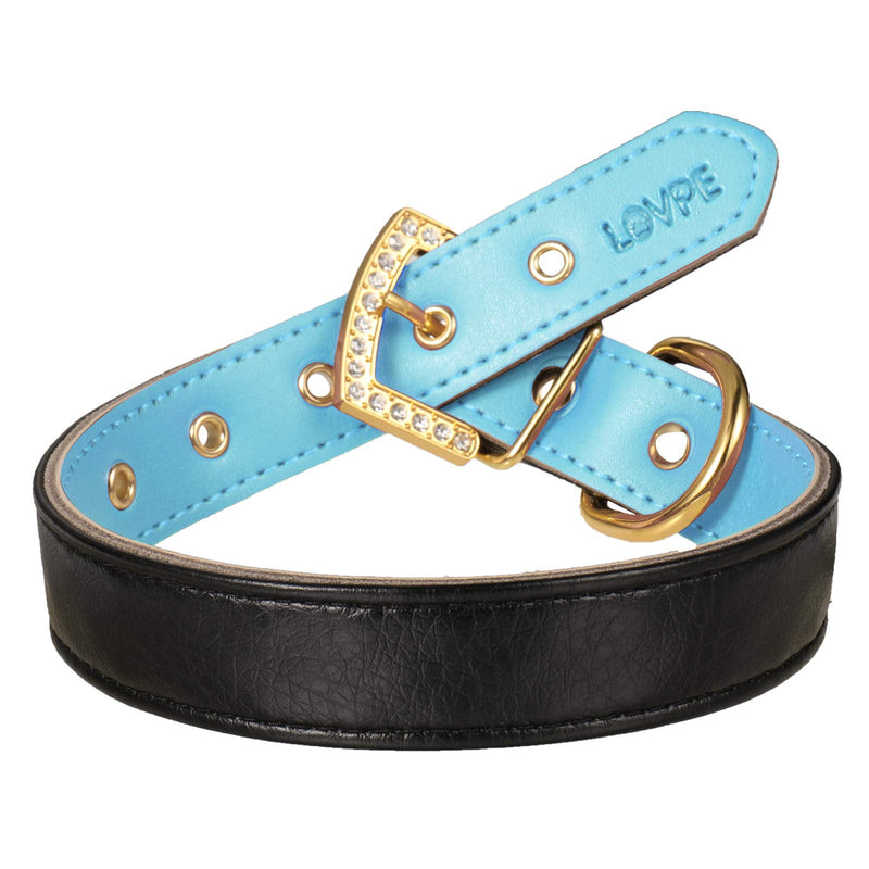 LOVPE Golden Rhinestone Buckle with 3 Rows Personalized Rhinestone Leather Bling Crystal Dog Collar for Dogs Small Medium Breeds (M, Blue) M - PawsPlanet Australia