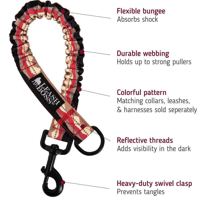 Leashboss Pattern Bungee Leash Extension, 18" Shock Absorbing Lead Extender, Pattern Collection 18 Inch Beige/Red - Mountain - PawsPlanet Australia