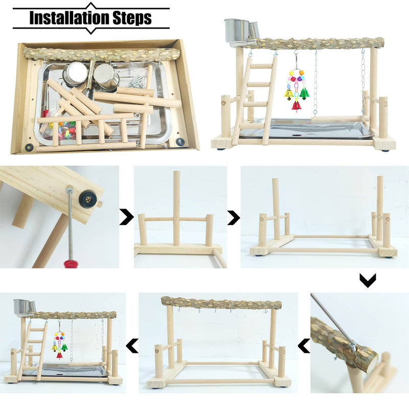 PINVNBY Bird Playground Parrot Playstand Bird Play Stand Wood Perch Gym Stand Swing Ladder with Feeder Cups Exercise Play Include Tray for Parrot Parakeet Conure Cockatiel Budgie Cage Accessories - PawsPlanet Australia