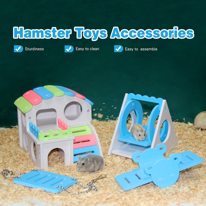 JUNBEI 4 Pcs Hamster Toys, Wooden Hamster House, Triangle Swing & Hanging Swing & Seesaw, Climb and Play Toy, Boredom Breaker Activity Toy, DIY Hamster Cage Accessories for Small Pets blue - PawsPlanet Australia