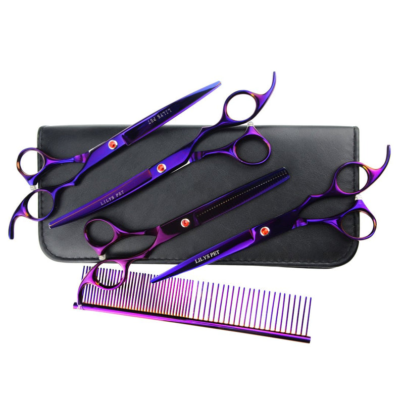 [Australia] - LILYS PET Professional PET Dog Grooming Coated Titanium Scissors Suit Cutting&Curved&Thinning Shears 7.0 inches Purple 