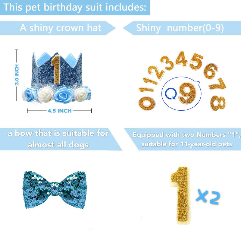 KEVIN-KW Dog Birthday Boy Bandana Scarfs-Crown Dog Birthday Hat with 0-9 Figures Charms Grooming Accessories Pack of 1 and Happy Birthday Award Badge Blue - PawsPlanet Australia