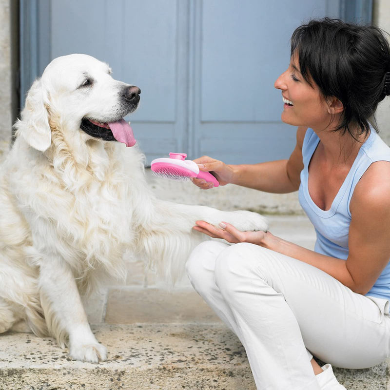 MELLIEX Dog Brush & Cat Brush, Self Cleaning Slicker Pet Grooming Brush, Shedding Grooming Tools for Dogs & Cats with Long or Short Hair Pink - PawsPlanet Australia