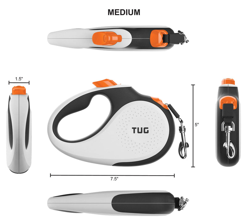 TUG 360° Tangle-Free, Heavy Duty Retractable Dog Lead with Anti-Slip Handle; 16 ft Strong Nylon Tape/Ribbon; One-Handed Brake, Pause, Lock (Medium, White/Orange) Medium - PawsPlanet Australia