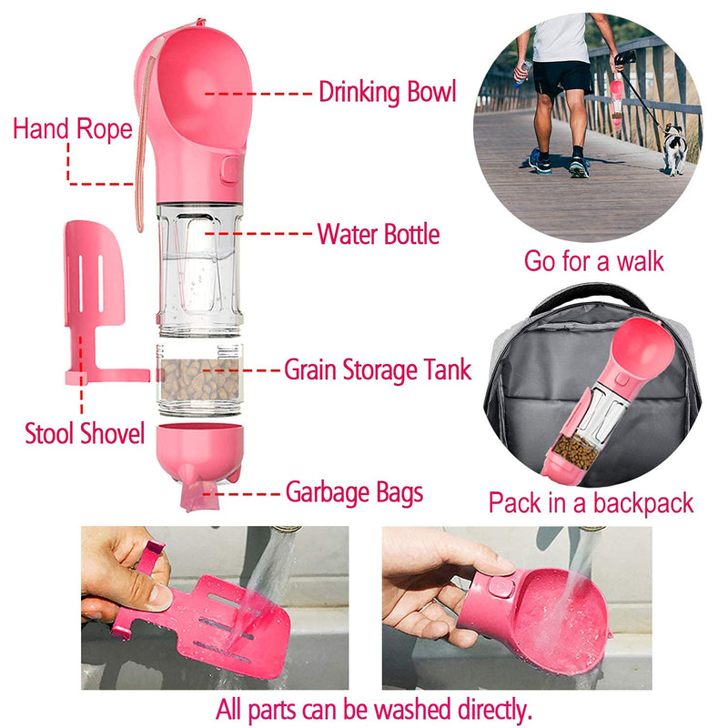 Dog Travel Water Bottle for Walking - 300ml Portable Pet Water Dispenser with Food Container and Dog Waste Bag Poop Shovel Multifunctional Detachable Design Food Grade Leak Proof BPA Free (Pink) Pink - PawsPlanet Australia