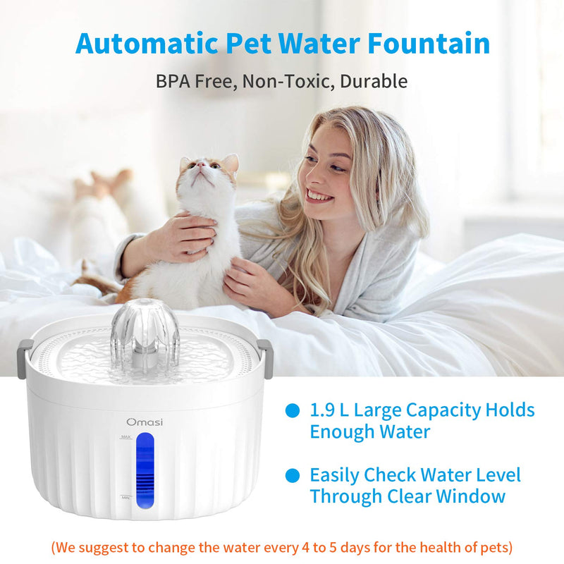 Omasi Cat Water Fountain, 1.9L Automatic Pet Water Fountain Dog Water Dispenser with 2 Triple-Action Replacement Filters, 2 Folding bowl(White) - PawsPlanet Australia