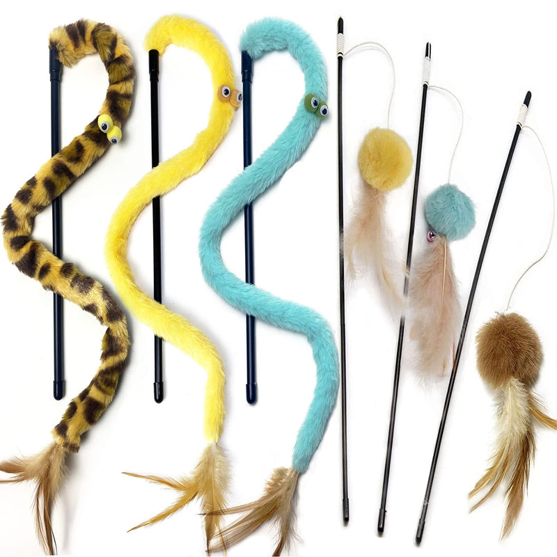 Cat toy fishing rod with feather, cat fishing rod, cat balls toy with feathers, cat toy bouncy balls for indoor use, interactive cat toy for small large cats (6 pieces) yellow - PawsPlanet Australia