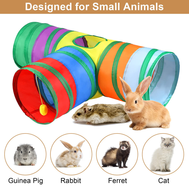 Tiibot 4 Packs Collapsible Rabbit Toys 3 Way Bunny Tunnel Chew Toys Large Bunny Hideout Tunnel Small Animal Activity Tunnel Toys for Rabbits Pig Ferret Guinea Rainbow - PawsPlanet Australia