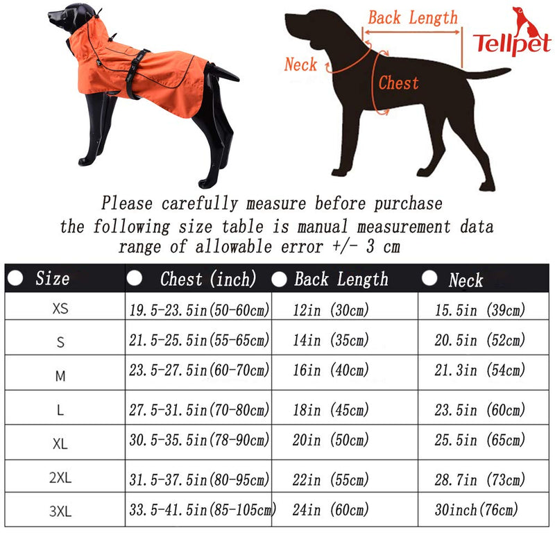 [Australia] - Tellpet Dog Jacket Waterproof Dog Raincoat, Reflective Dog Jacket XXL(Chest:31.5-37.5",Back Length:22") Orange 