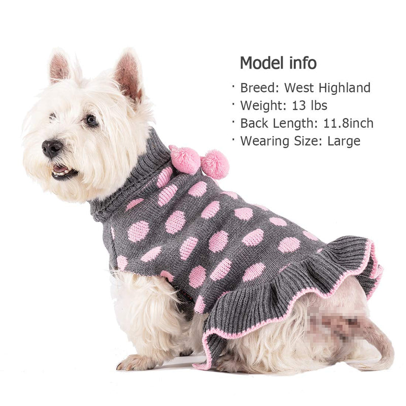 KYEESE Dog Sweater Dress Turtleneck Polka Dot Dog Sweaters with Leash Hole Knitwear Warm Pet Sweater with Pom Pom Ball X-Small (Pack of 1) Polkadot (Grey) - PawsPlanet Australia