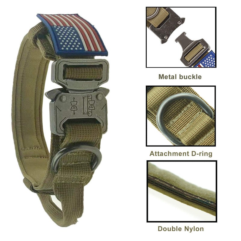 KUSSONLI Personalized Tactical Dog Collar Metal Buckle Adjustable,Double-Layer Military Specification Nylon Thickened Handle,Pet Collars for Medium Large Dogs,American Flag,Brown,M M-1.5"x(15"-18.5") Brown - PawsPlanet Australia