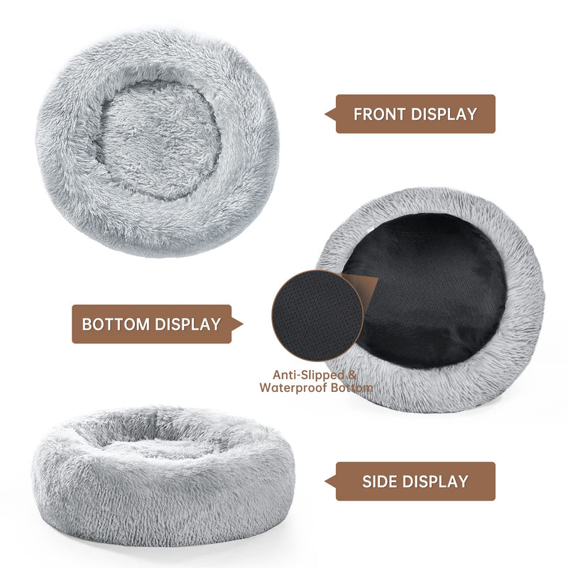 OYANTEN Cat Beds for Indoor Cats - Small Dog Bed for Small Dogs Washable, Round Calming Donut Pet Beds for Puppy and Kitten, Soft Fluffy Warm and Cozy to Improved Sleep（20in/24in/30in） 20*20 Inch (Pack of 1) Misty Gray - PawsPlanet Australia