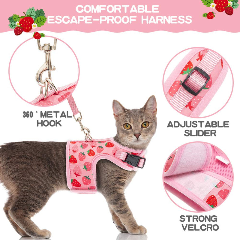 BINGPET Cat Harness and Leash Set - Escape Proof Cat Walking Harness with Cute Pink Strawberry Pattern, Soft Mesh Vest Harness, and Adjustable Pet Harness for Kitties Puppies Small Pets - PawsPlanet Australia