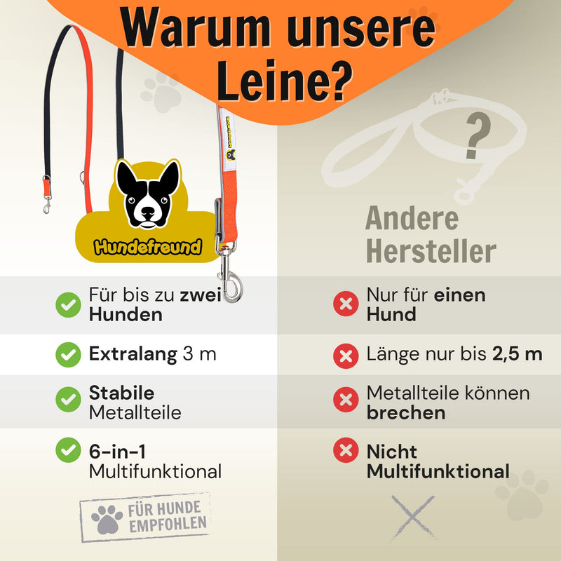 Dog friend multifunctional leash (6 in 1) adjustable dog leash 3 m for hanging around the neck, reflective with 3 rings for medium and large dogs - double leash, shoulder leash and sports leash in one - PawsPlanet Australia