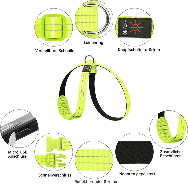 KOSKILL LED Dog Harness Rechargeable Illuminated Dog Harness Glows in the Dark LED Dog Vest Reflective Dog Lights for Night Walks Green M - PawsPlanet Australia