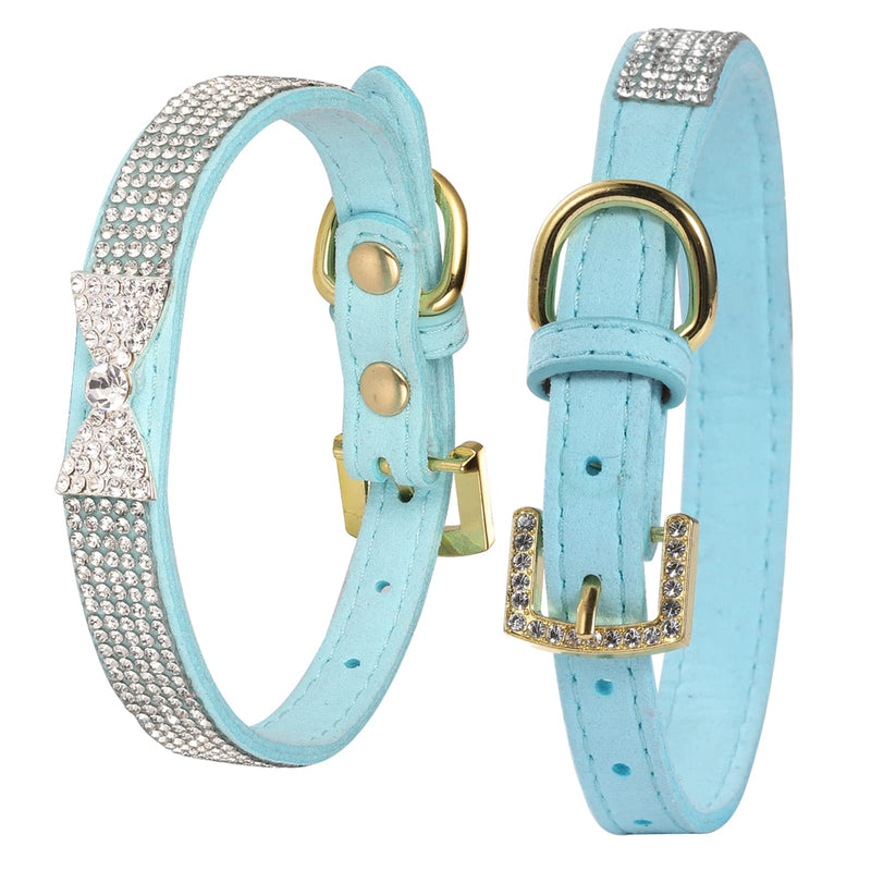 LOVPE Cat Collar,Dog Collar Diamond Crystal Bow-Knot Tie Collar,Golden Rhinestone Buckle and Comfortable Velvet Leather with 5 Rows Bling Rhinestone Collar for Small Dogs Medium Cat (XS, Blue) XS - PawsPlanet Australia