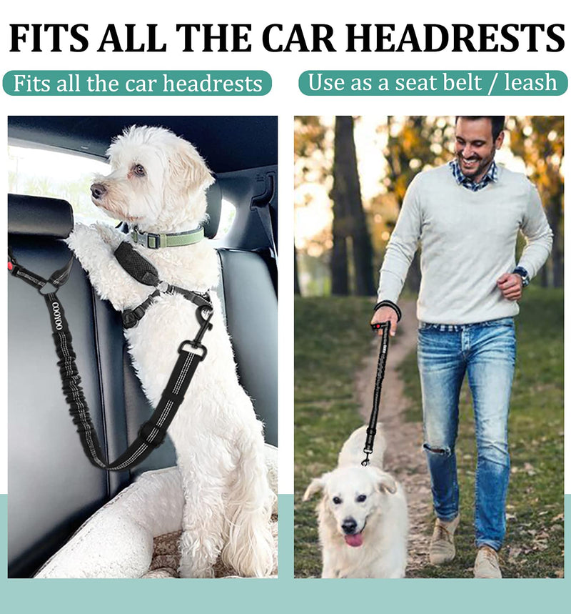 COOYOO Dog Seat Belt,2 Packs Retractable Standard and Headrest Dog Seat Belts,Adjustable Car Harness for Vehicle with Shock Absorbing Bungee and Reflective Threads for Car Dogs Restraint Set1-Black+Balck - PawsPlanet Australia