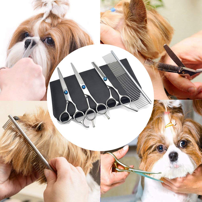 [Australia] - Dog Cat Grooming Scissors, Stainless Steel Pet Grooming Trimmer Kit, Pet Groom Hair Tool Set-Perfect Thinning, Straight, Curved Shears with Comb for Long & Short Hair 5 Pieces One Set by Vicsun 