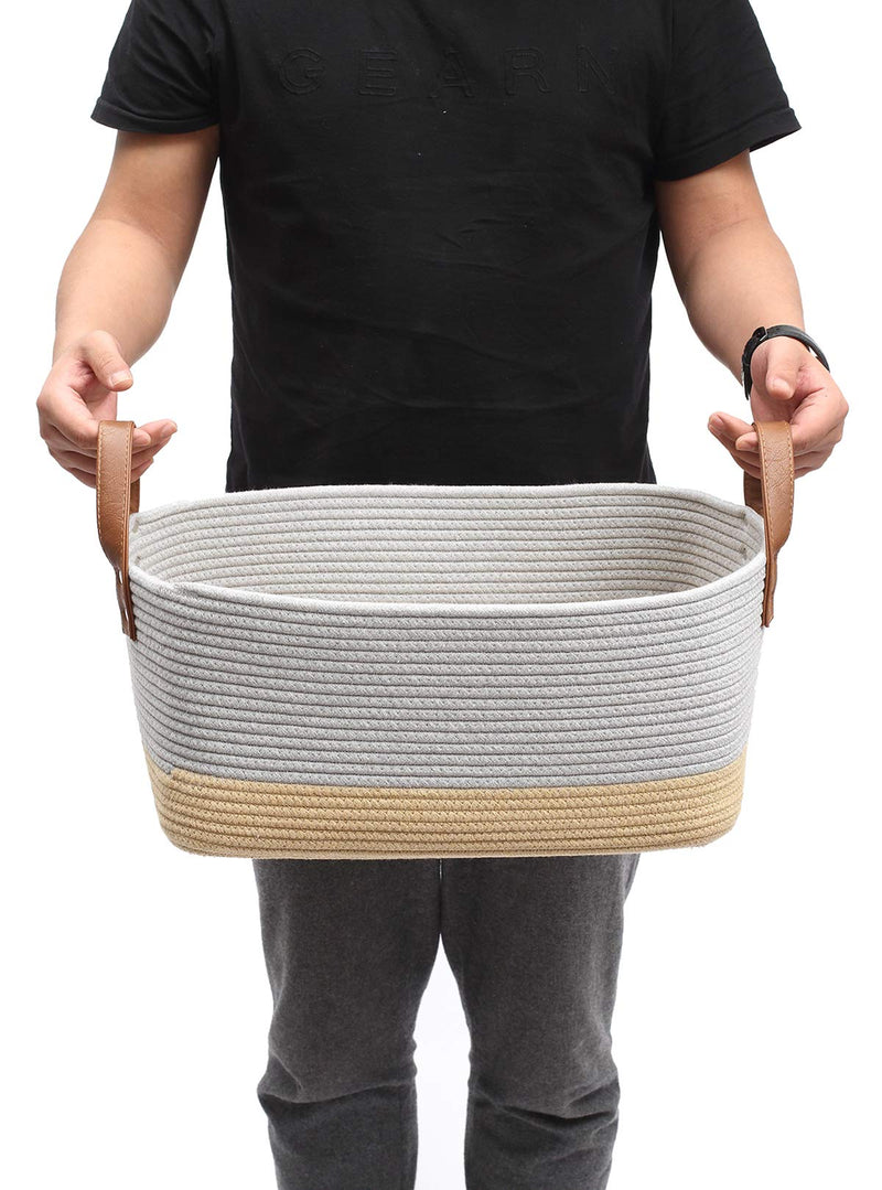 Geyecete X-Large Cotton Rope Basket with Leather handle Blanket Storage Basket Decorative Clothes Hamper Basket | Extra Large Baskets for Blankets or Laundry-Gray/Khaki Gray/Khaki - PawsPlanet Australia