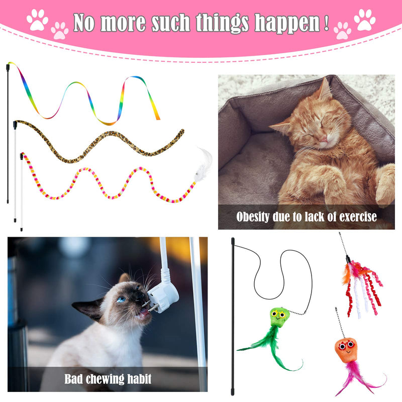 Skylety 6 Pieces Cat Wand Toys Interactive Feather Cat String Catcher Teaser Toys with Bell Attachment Replacements Rainbow Leopard Jungle Toys Colorful and Sounding for Cat Kitten Training Exerciser - PawsPlanet Australia