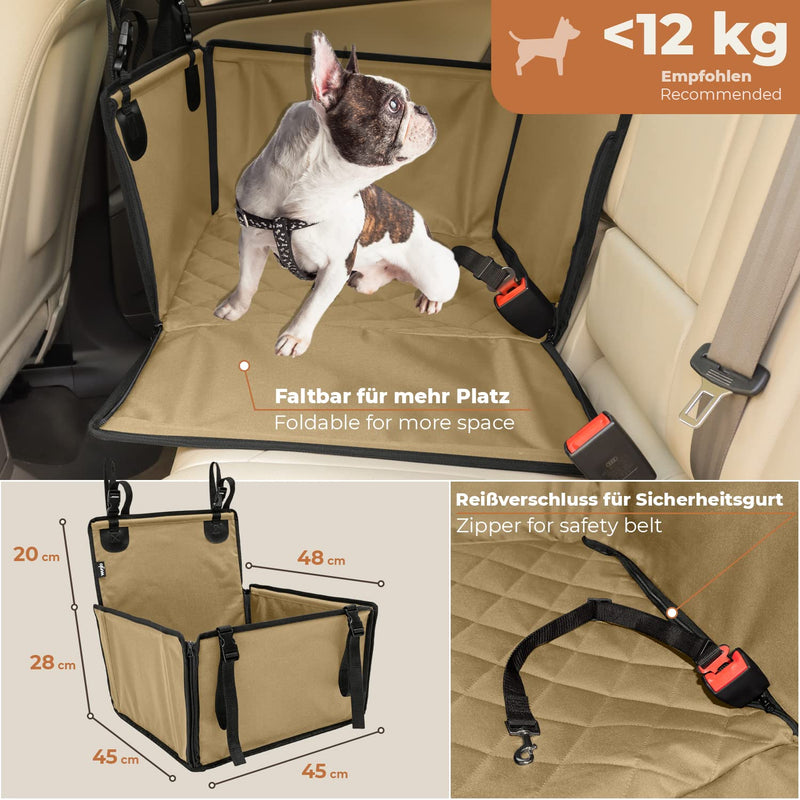 Wuglo Extra Stable Dog Car Seat - Reinforced Car Dog Seat for Medium-Sized Dogs with 4 Fastening Straps - Robust and Waterproof Pet Car Seat for the Back Seat of the Car (S Size, Beige/Black) S Beige / Black - PawsPlanet Australia