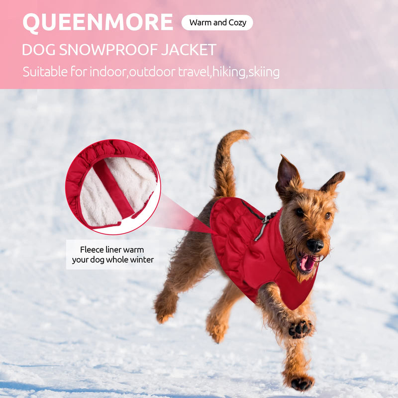 Queenmore Warm Dog Winter Jacket, Fleece Lining Dog Cold Weather Coats, Windproof Turtleneck Dog Vest with Neckline D-Ring, Snowproof Dog Jacket for Small Medium Large Dogs X-Small Red - PawsPlanet Australia