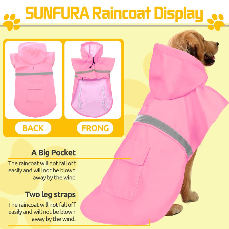 SUNFURA Dog Raincoat with Reflective Strip, Pet Waterproof Poncho Dog Outdoor Lightweight Hooded Rain Jacket Coat Slicker with Adjustable Drawstring for Small Medium Large Dogs, Pink M - PawsPlanet Australia