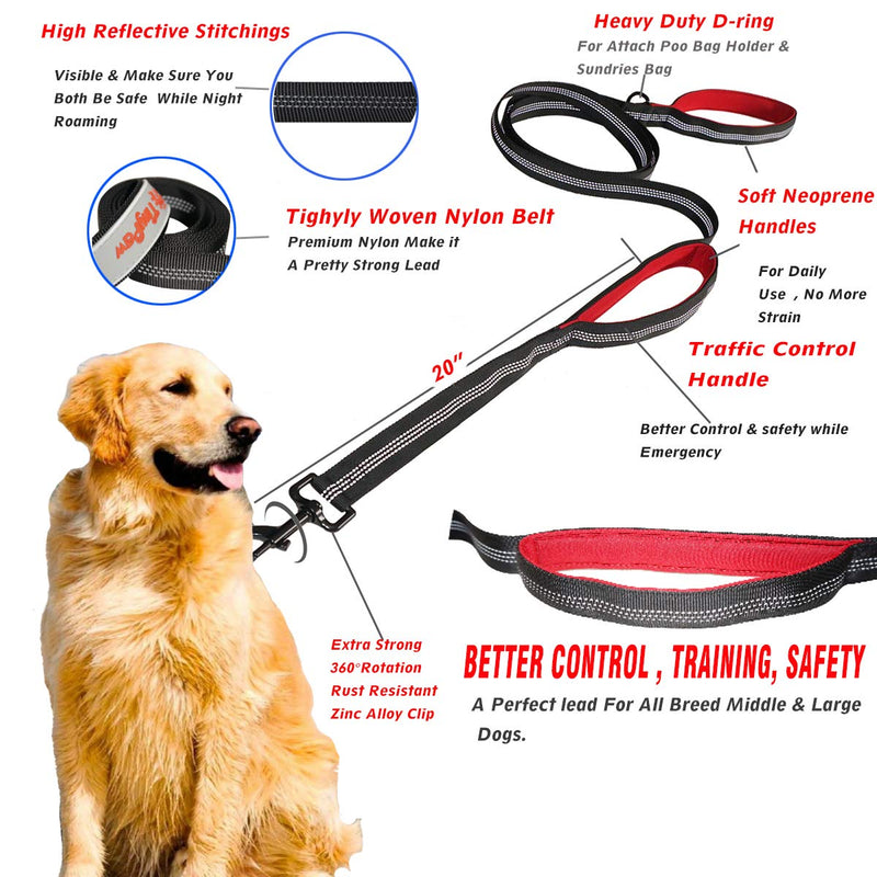 TinyPaw Large Dog Leash, 6.6ft Double Handle Dog Lead-Heavy Duty Strong Nylon Reflective Lead with 2 Padded Handle & Traffic Handle for Safety, Training, Walking - Perfect for Medium & Large Dogs - PawsPlanet Australia