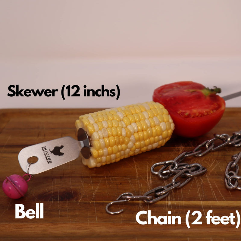 12 Inch Treat feeder for Chickens and large birds. Hang Fruit and Veggies On Stainless Steel Hanger for Hens. 2 Foot Chain with Hooks and Clamp for Hanging. Bright Pink Bell Toy. - PawsPlanet Australia