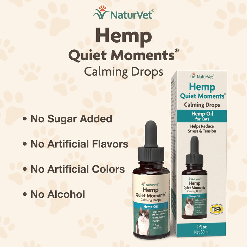 NaturVet Quiet Moments Calming Aid Cat Supplement Plus Melatonin – Helps Reduce Stress in Cats – for Pet Storm Anxiety, Motion Sickness, Grooming, Separation, Travel Quiet Moments Plus Hemp 1 Oz Drops - PawsPlanet Australia