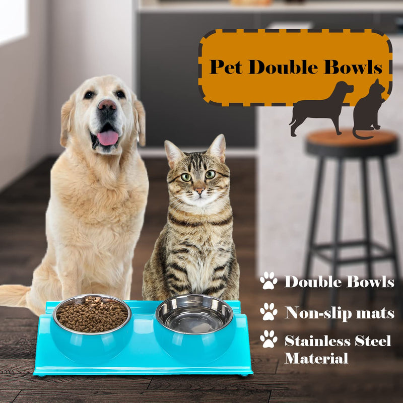 Vealind Double Dog Bowl Non-spill & Non-skid Raised Cat Bowl Feeder with Two Stainless Steel Bowls (Blue) Blue - PawsPlanet Australia