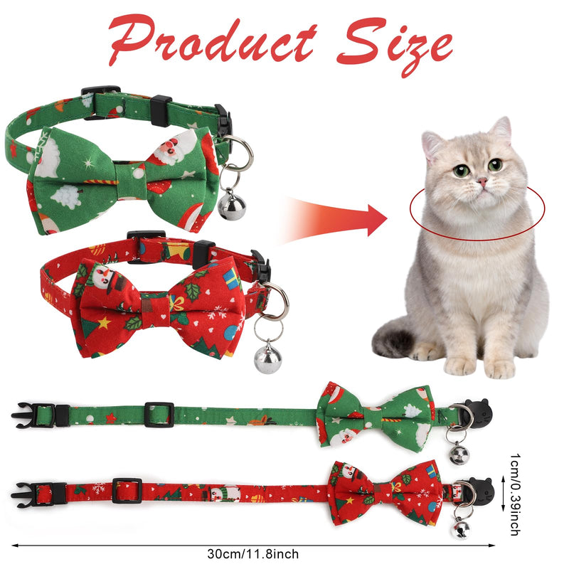 Pack of 2 Christmas Cat Collars with Bells and Bow Tie, Removable Adjustable Cat Collar Breakaway Cute Kitten Collar for Cats Puppies (Red Snowman + Green Santa Claus) - PawsPlanet Australia