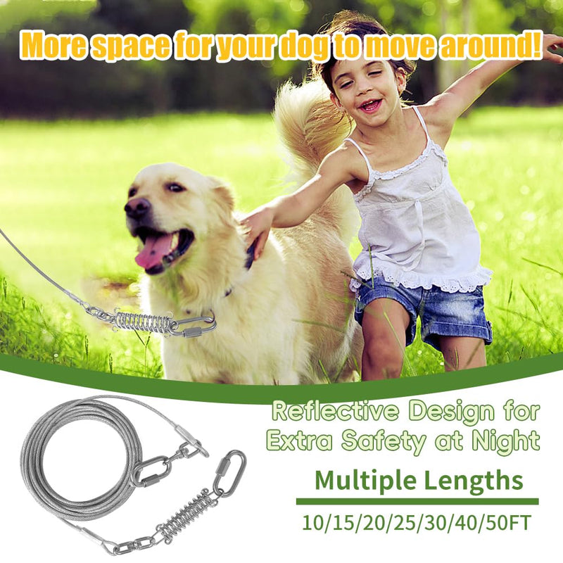 Miao Chuai Dog Tie Out Cable,10/15/20/30/40/50FT Dog Cable with Swivel Hook and Shock Spring,Heavy Duty Dog Leads for Yard Outdoor and Camping,Dog Lead Runner for Large Dogs (Silver, 15ft 120Ibs) Silver - PawsPlanet Australia