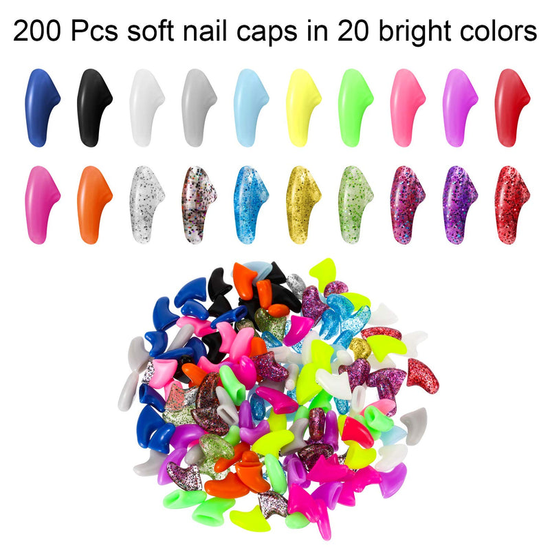 [Australia] - WILLBOND 200 Pieces 20 Color Cat Claw Caps Cats Paws Grooming Nail Claws Caps Covers Nail Claws with 10 Pieces Adhesive Glues and 10 Pieces Applicators with Instruction for Pets Cats 
