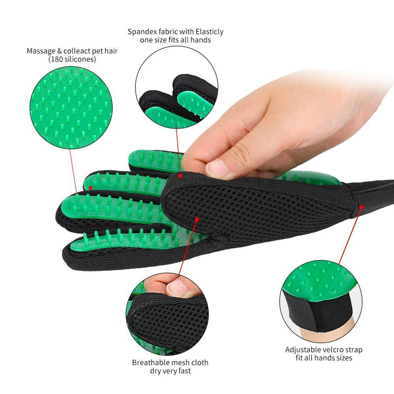 [Australia] - ORRIPOT Yvetel Pet Grooming Glove-Gentle Deshedding Brush Glove - Efficient Pet Hair Remover Mitt - Massage Tool with Enhanced Five Finger Design - Perfect for Dogs & Cats with Long & Short Fur Green-Pair 