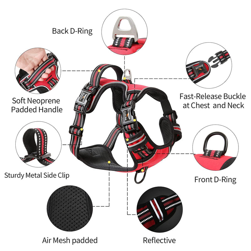 HEELE dog harness, anti-pull dog harness for medium-sized dogs, release on the neck, dog harness with front and rear 2 leash attachments and soft padded control handle for dogs, red, MM - chest circumference: 38-71cm plain red - PawsPlanet Australia