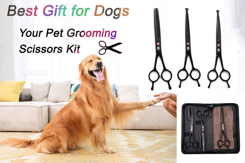 Dream Reach Professional 7.0 Inches Dog Grooming Scissors Kit Cutting Curved Scissors Thinning Shears Grooming Comb Pet Hair Trimming Scissors Set for Dogs and Cats (3-set Blunt Tip) 3-Set Blunt Tip - PawsPlanet Australia
