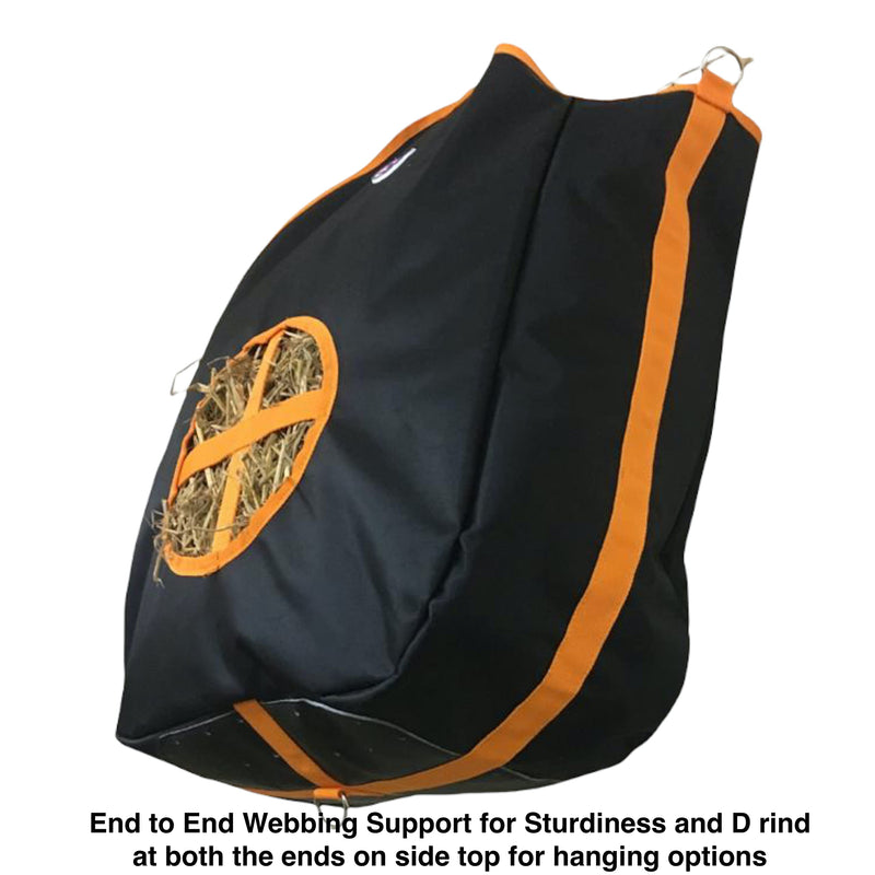 Majestic Ally Nylon Hay Feeder Tote Bag for Horse, Goat, Sheep - Double Sides Open Feed Hole with Faux Leather Ventilated Bottom- Premium Quality -Simulates Grazing - Reduces Waste BLACK - PawsPlanet Australia