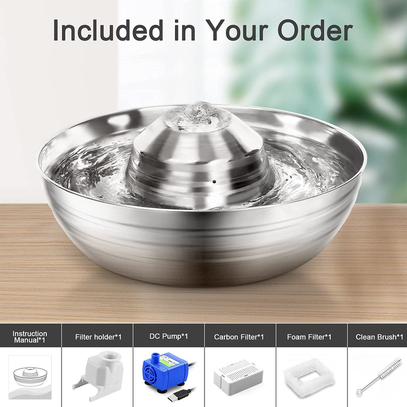 Huicocy Cat Water Fountain Stainless Steel, 68oz/2l Pet Fountain with Ultra-Quiet Design, Visible Water Level, Automatic Cat Water Dispenser Easy Assemble and Clean, Still Supply Water When Power Off - PawsPlanet Australia